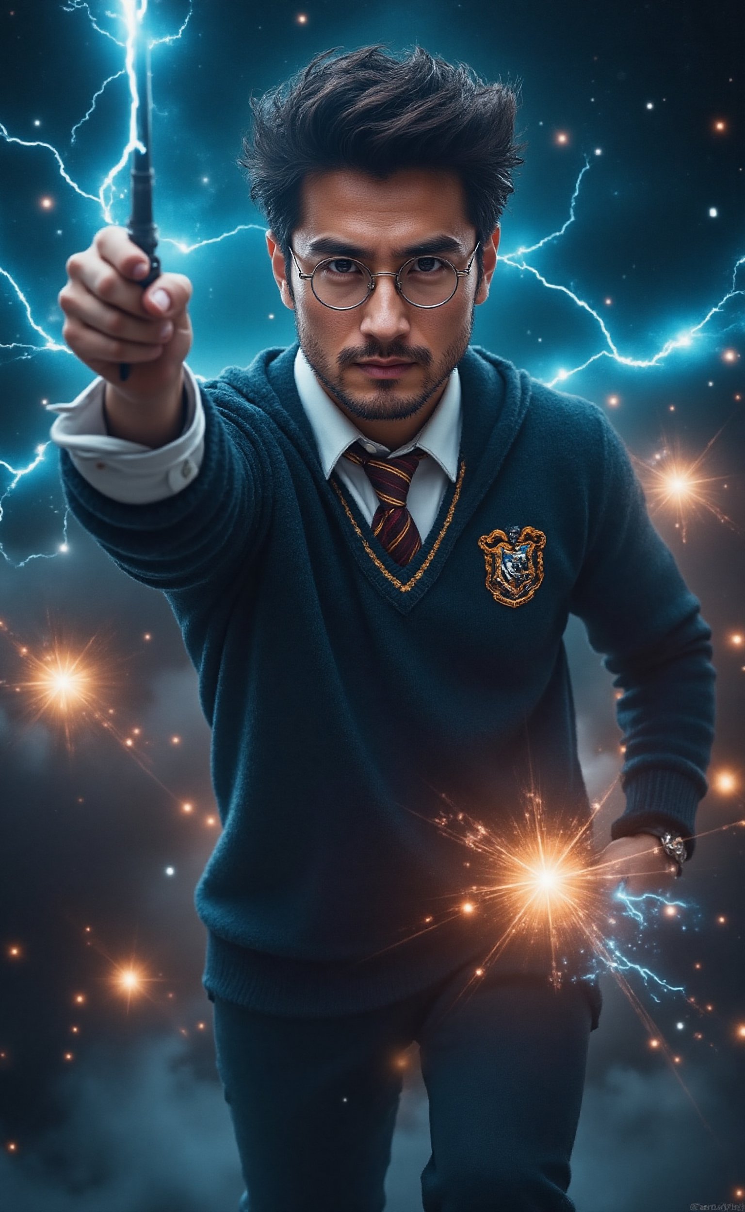 a handsome men, uniform of the Hogwarts School. glasses, holds his Magic Wand, surrounded by flashing blue electricity that crackles with energy, full body. Starry Sky, Galaxy,nebula, magical sky. Ultra-detailed, masterpiece, 8k photorealistic, RAW photo.