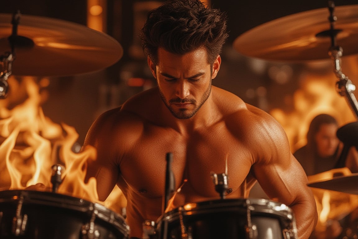 A photorealistic 8k RAW photo capturing a full-body, muscular man with a handsome face and tan skin. He is a rock band drummer, playing drums on a concert stage, with the drum engulfed in flames, unfazed by the fire. The scene is a masterpiece, ultra-detailed, with sharp focus on his big pectorals and the intricate flames. High contrast lighting highlights his tan skin and the dramatic setting. Seeds: 1667390288.