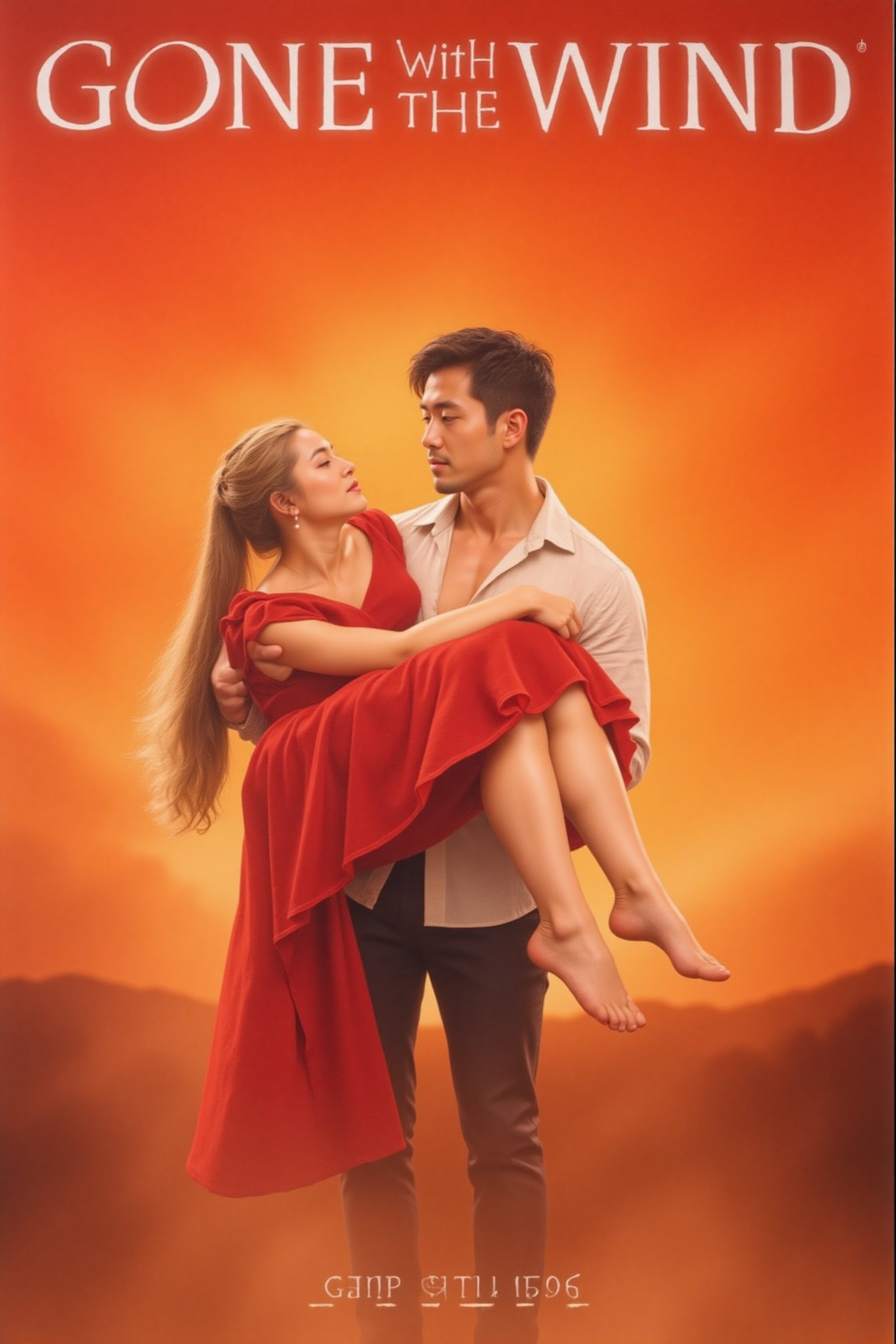 A movie poster for Gone with the Wind featuring a man in a white shirt with an open collar holding a woman in a red dress. The woman lies on her back with her head tilted to the side, held tenderly in the man's arms. The background is a vibrant orange and yellow sunset. An acrylic and gouache painting. At the top, GONE WITH THE WIND is written in bold white letters. The composition is centered, with soft lighting highlighting the couple against the dramatic sky. Acrylic.