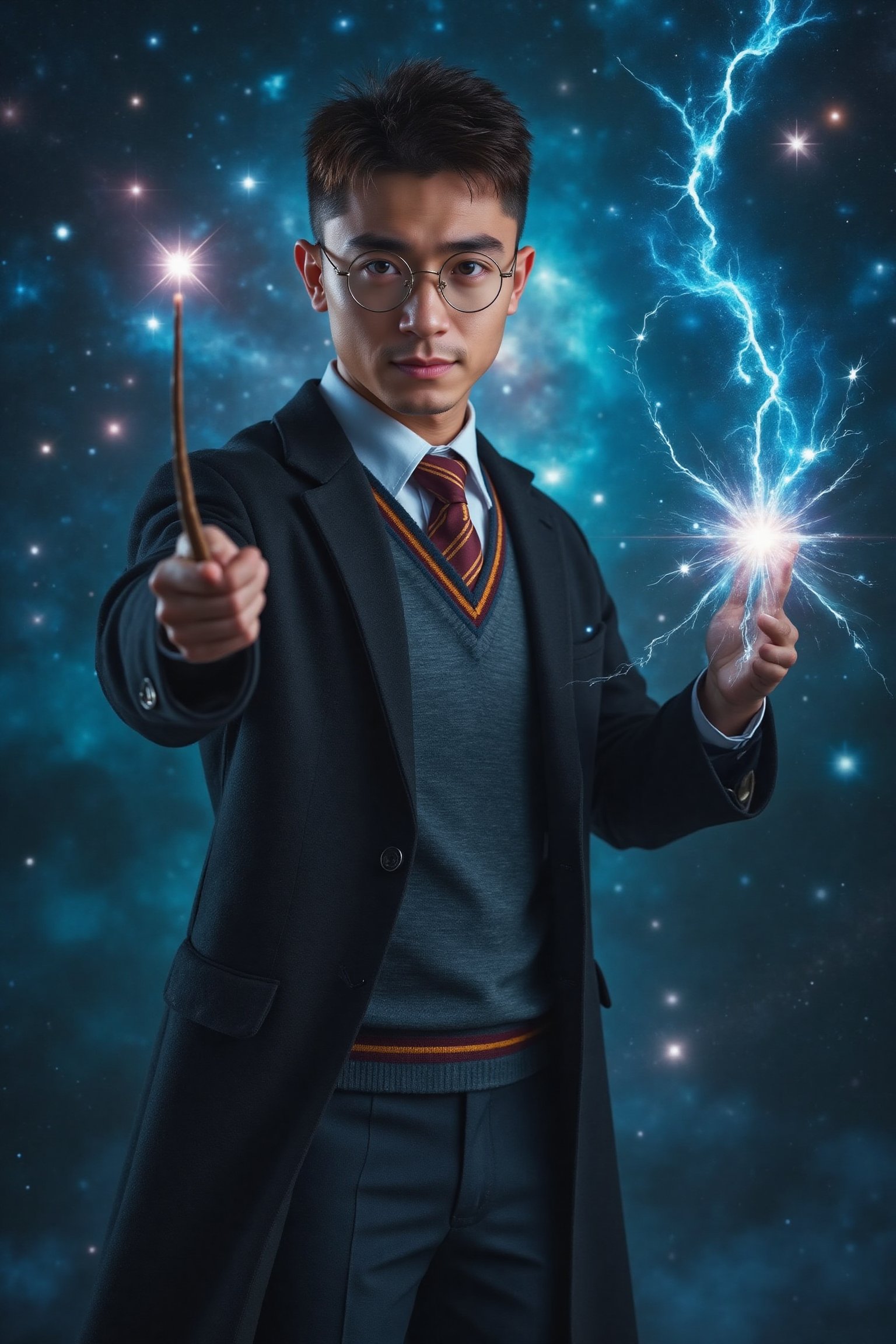 a handsome men, uniform of the Hogwarts School. glasses, holds his Magic Wand, surrounded by flashing blue electricity that crackles with energy, full body. Starry Sky,Beautiful stars,Galaxy,nebula,Big Star,magical sky. Ultra-detailed, masterpiece, 8k photorealistic, RAW photo.