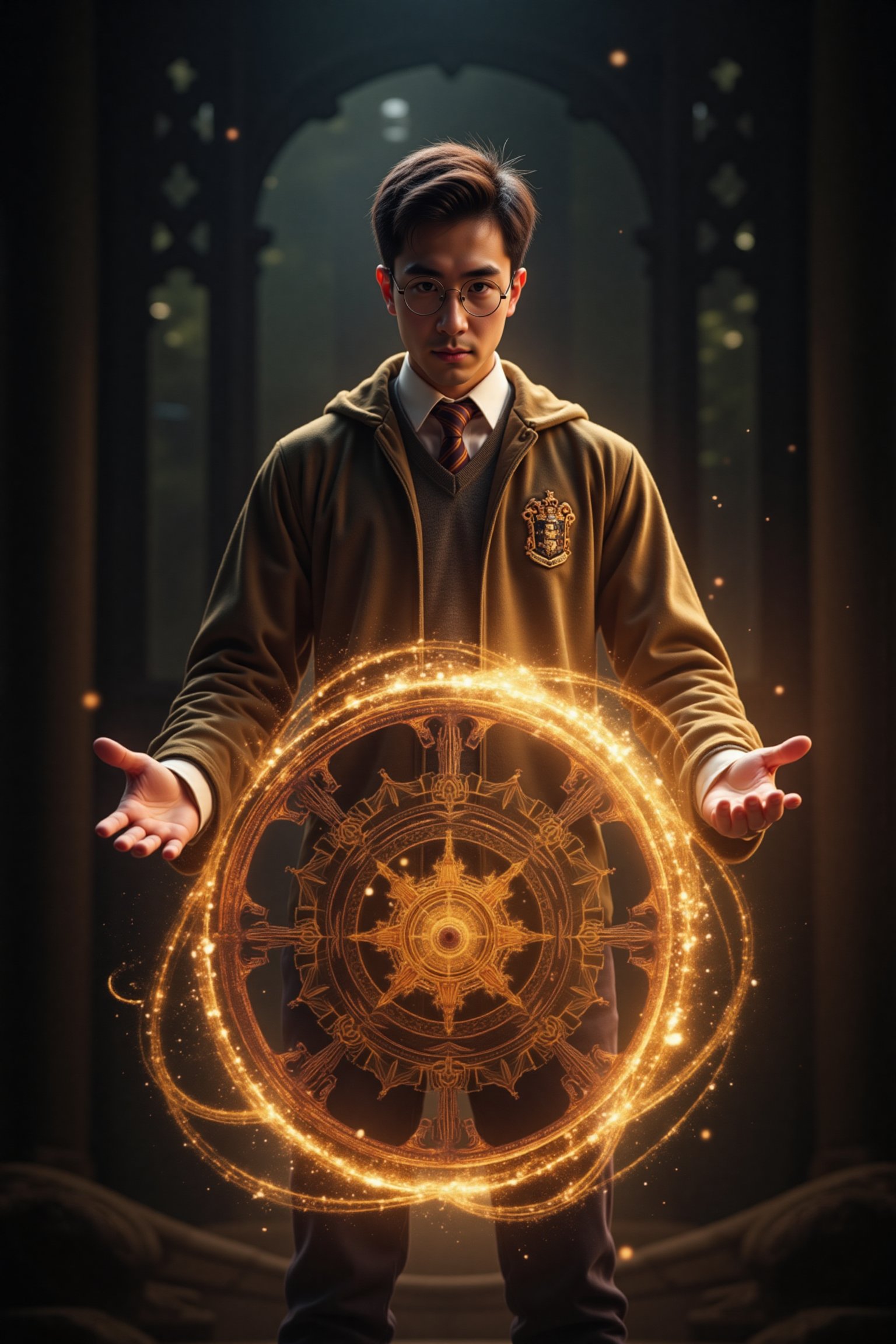 a handsome men, uniform of the Hogwarts School. glasses, performing an enormous magic spell in a dark forest. The spell emits a radiant glow. Enormous Magic Spell. intricate details of the spell. Ultra-detailed, masterpiece, 8k photorealistic, RAW photo.