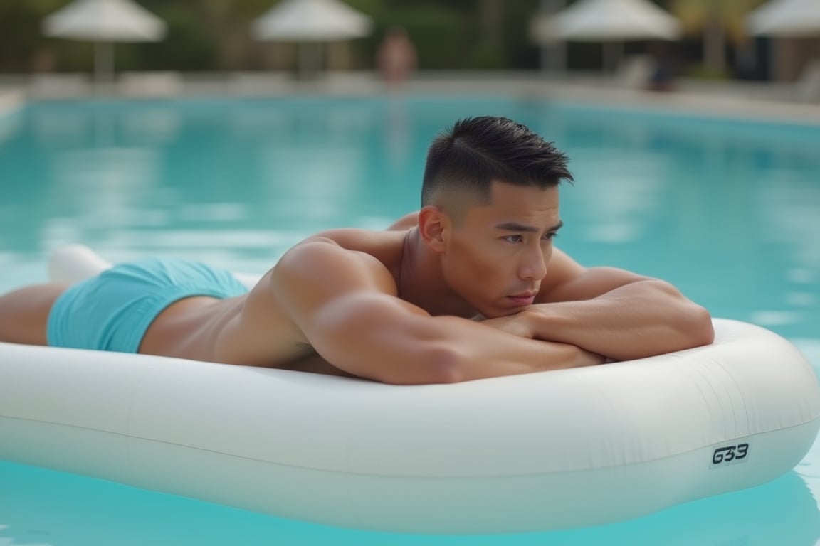 Full-body muscular man with a handsome face and tan skin,  sporting short black hair and a clean-shaven face,  undercut ha...