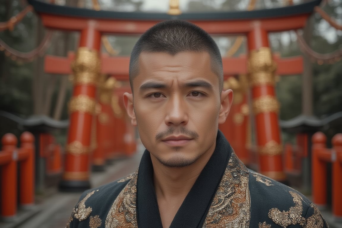 A full sexy body muscular man with a handsome face and tan skin, sporting short black hair and a clean-shaven face, undercut hairstyle, no beard, is dressed in haute couture Japanese male formal attire, standing in front of the Senbon Torii path of Fushimi Toga Shrine. The image showcases his big pectorals and is rendered in 8k photorealistic quality, RAW photo, with best quality enhancement at 1.4,.