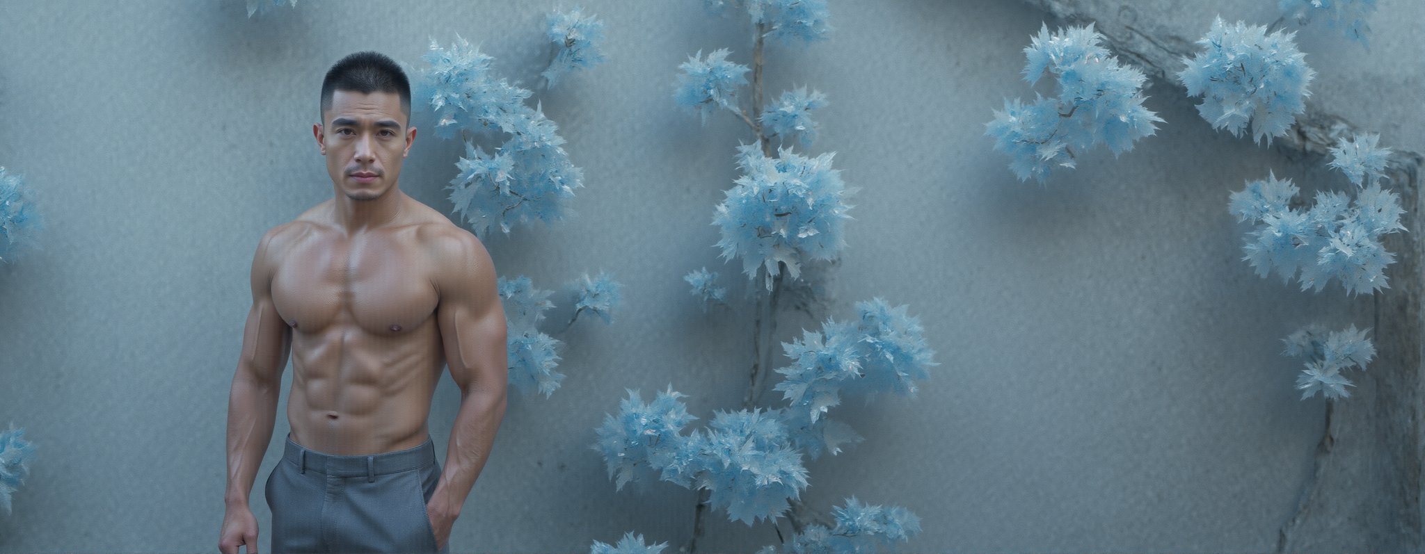 A full-body portrait of a muscular man with a handsome face and tan skin, sporting a short black hair undercut and a clean-shaven face. He wears a well-fitted suit, highlighting his big pectorals. The backdrop is set with a large of Bougainvillea vines climbing up a white wall, featuring bright blue and white two-tone flowers that contrast beautifully against the wall. The image is captured in ultra-detailed 8k resolution, emphasizing every detail from his physique to the intricate floral patterns.