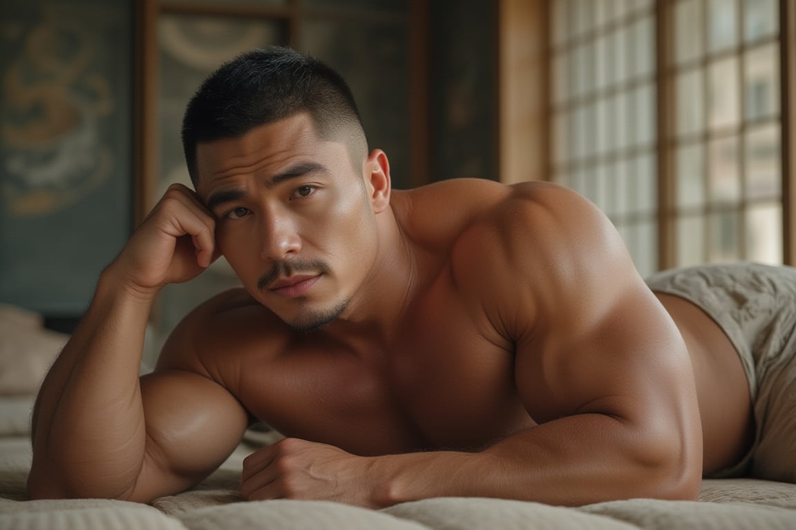 A full sexy body muscular man with a handsome face and tan skin, sporting short black hair and a clean-shaven face, undercut hairstyle, no beard, is lying on his side on a tatami mat in a traditional Japanese room, with his left hand supporting his cheek. The image showcases his big pectorals and is rendered in 8k photorealistic quality, RAW photo, with best quality enhancement at 1.4, seeds: 1667390288.