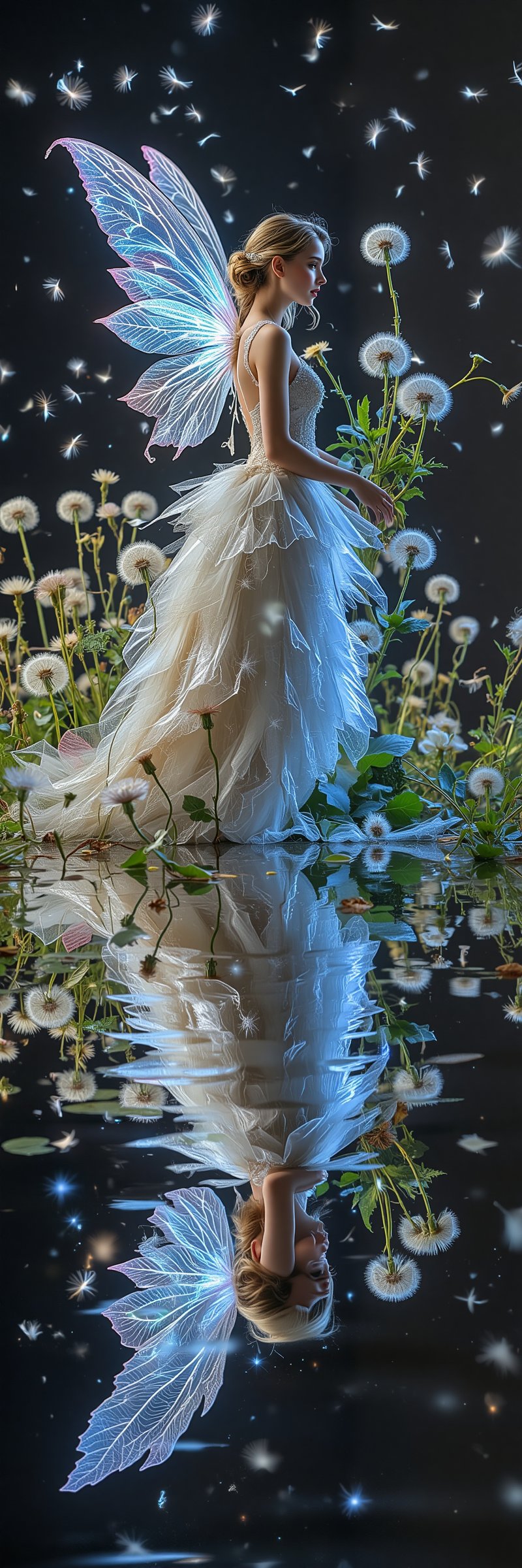 Like an amazing movie poster. side view. A fairy-like figure with delicate wings and a flowing,  intricate gown. The fairy...