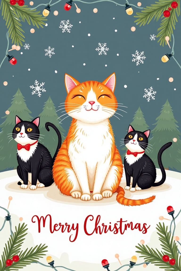 A 4×6 inch Christmas card in a cute hand-drawn style. In the center,  an orange and white cat sits adorably. On the left a...