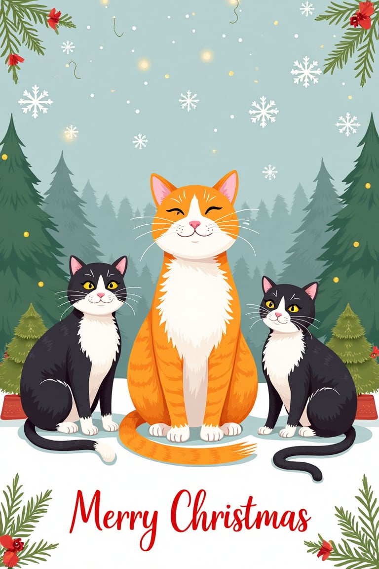 A 4×6 inch Christmas card in a cute hand-drawn style. In the center,  an orange and white cat sits adorably. On the left a...