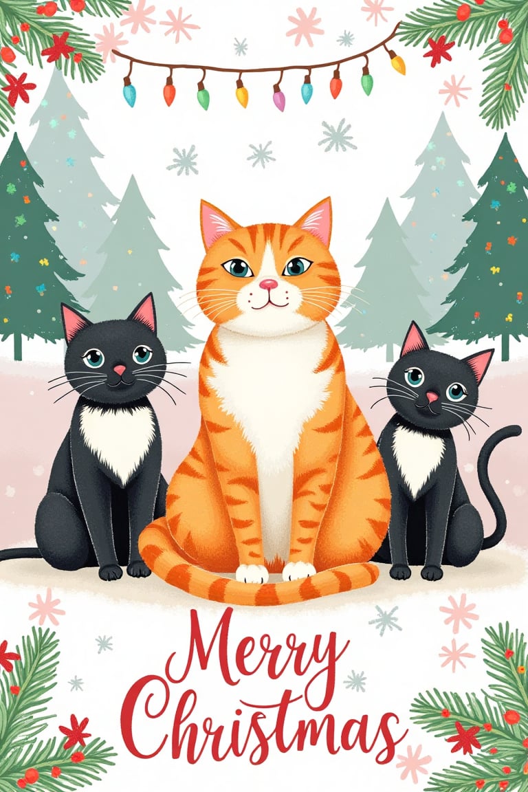 A 4×6 inch Christmas card in a cute hand-drawn style. In the center,  an orange and white cat sits adorably. On the left a...