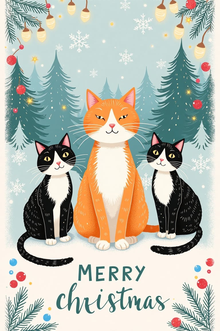 A 4×6 inch Christmas card in a cute hand-drawn style. In the center,  an orange and white cat sits adorably. On the left a...