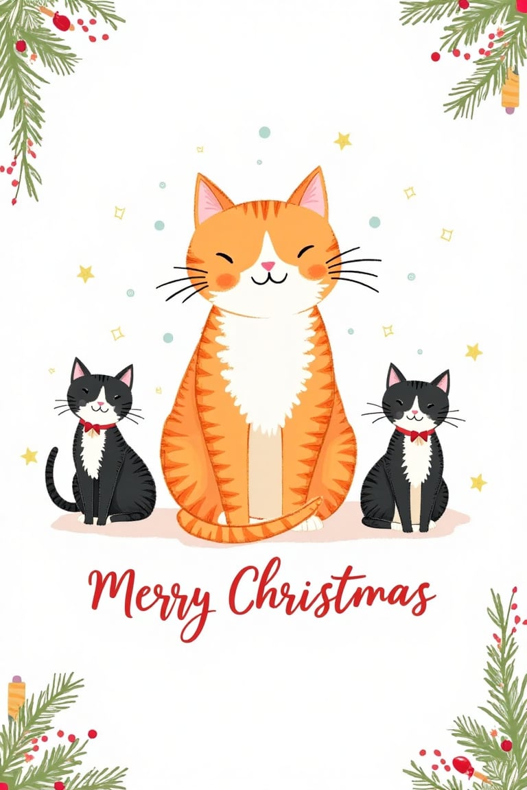 A 4×6 inch Christmas card in a cute hand-drawn style. In the center,  an orange and white cat sits adorably. On the left a...
