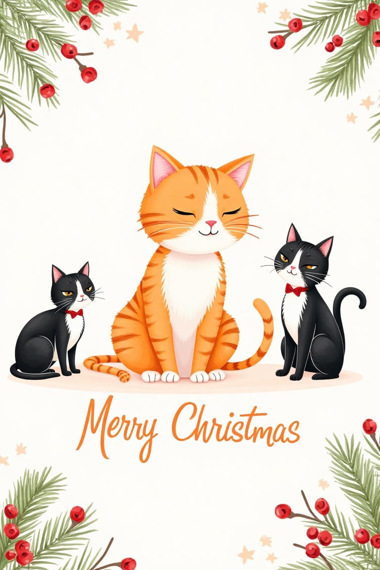 A 4×6 inch Christmas card in a cute hand-drawn style. In the center,  an orange and white cat sits adorably. On the left a...