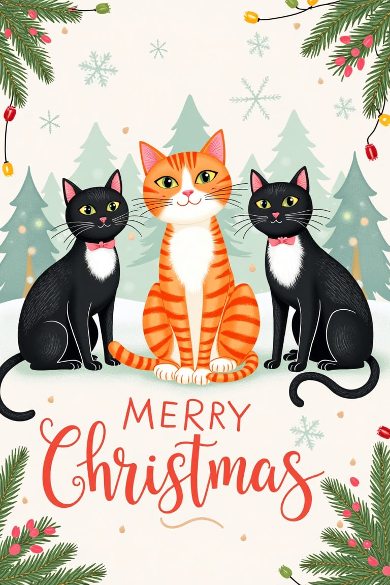 A 4×6 inch Christmas card in a cute hand-drawn style. In the center,  an orange and white cat sits adorably. On the left a...