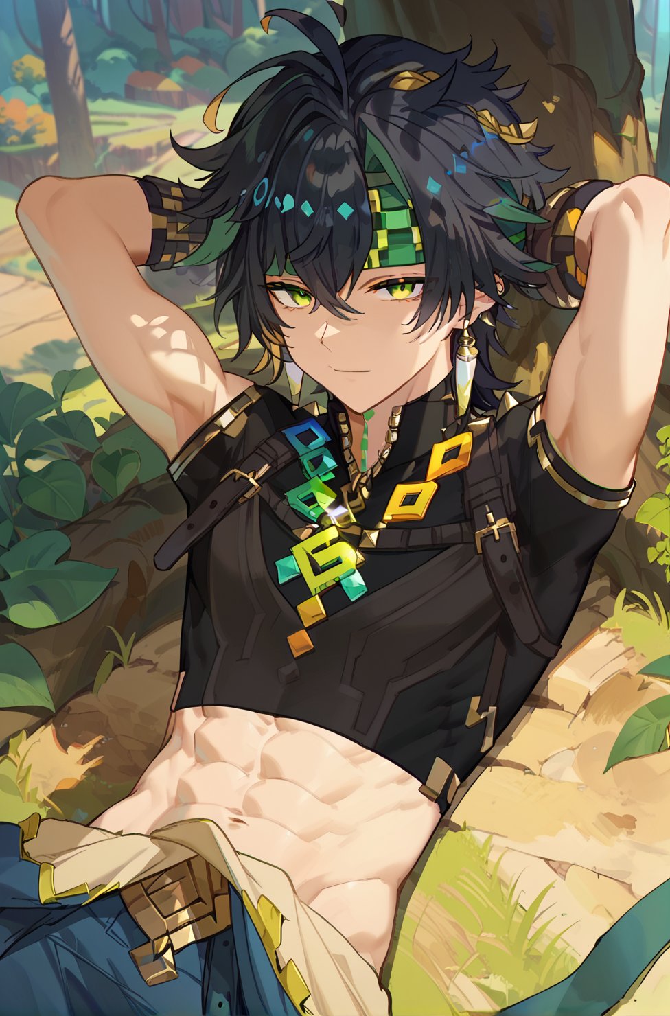 Prompt: score_8_up, score_7_up, 1boy, male focus, anime screencap, solo, Expressiveh, masterpiece, best quality, best aesthetics, perfect anatomy, perfect proportions, high resolution, good colors, bright skin, good shading, countershading, looking at viewer, happy, smile, jewelry, six pack, abs, necklace, bead_necklace, arms_behind_head, earrings, outdoors, black_hair, lying, tree, beads, on_back, multicolored_hair, yellow_eyes, crop_top, black_shirt, solo, headband, ahoge, green_hair, shirt, green_eyes, bangs, spikes,black hair,green,