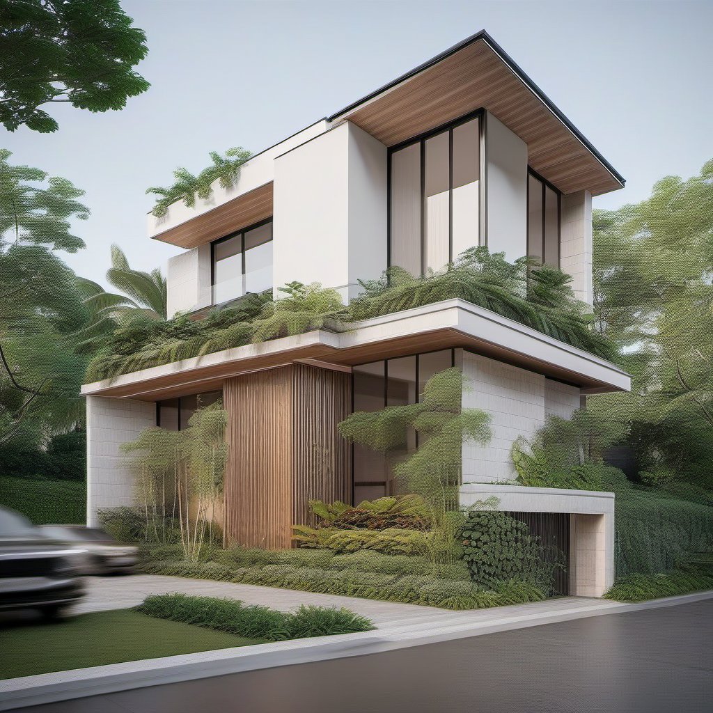 A minimalist house design with expansive glass panels that create an open and airy feel, allowing natural light to illuminate the interiors. The exterior features a harmonious blend of wood and natural stone, adding warmth and texture to the modern design. The walls are painted in a clean white color, enhancing the minimalist aesthetic. Realistic plants and trees are strategically placed around the house, creating a serene and harmonious environment. The design is rendered using Corona, capturing the materials, lighting, and overall atmosphere in high detail, reflecting the elegance and simplicity of Emporio Architect's style. The render emphasizes the interplay of light and shadow, highlighting the clean lines and natural materials that define the house's contemporary allure.