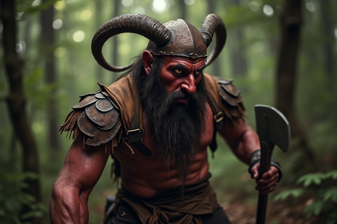 hillbilly orc, with a helmet horns,leather shoulders weilding a two handed axe ,dinamic light, in the forest,