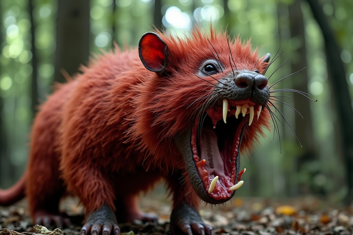 a stunning photo of a ugly fat meat red hairy rat monster,open mouth,great jaws with a monster teeth, overgrowth head in the forest,side view,hyper realistic