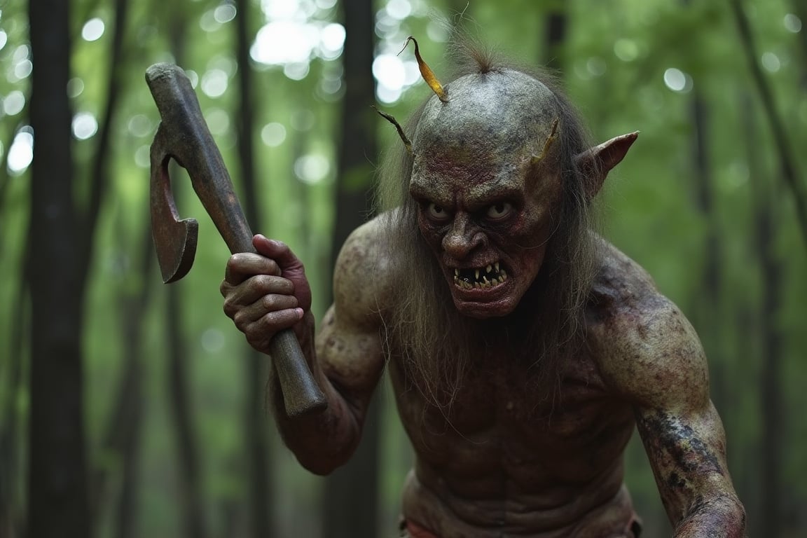 ugly mutant man with an axe in the forest