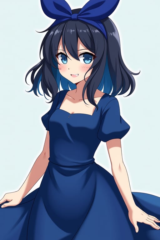 blue hair, blue eyes, dress, black hairband