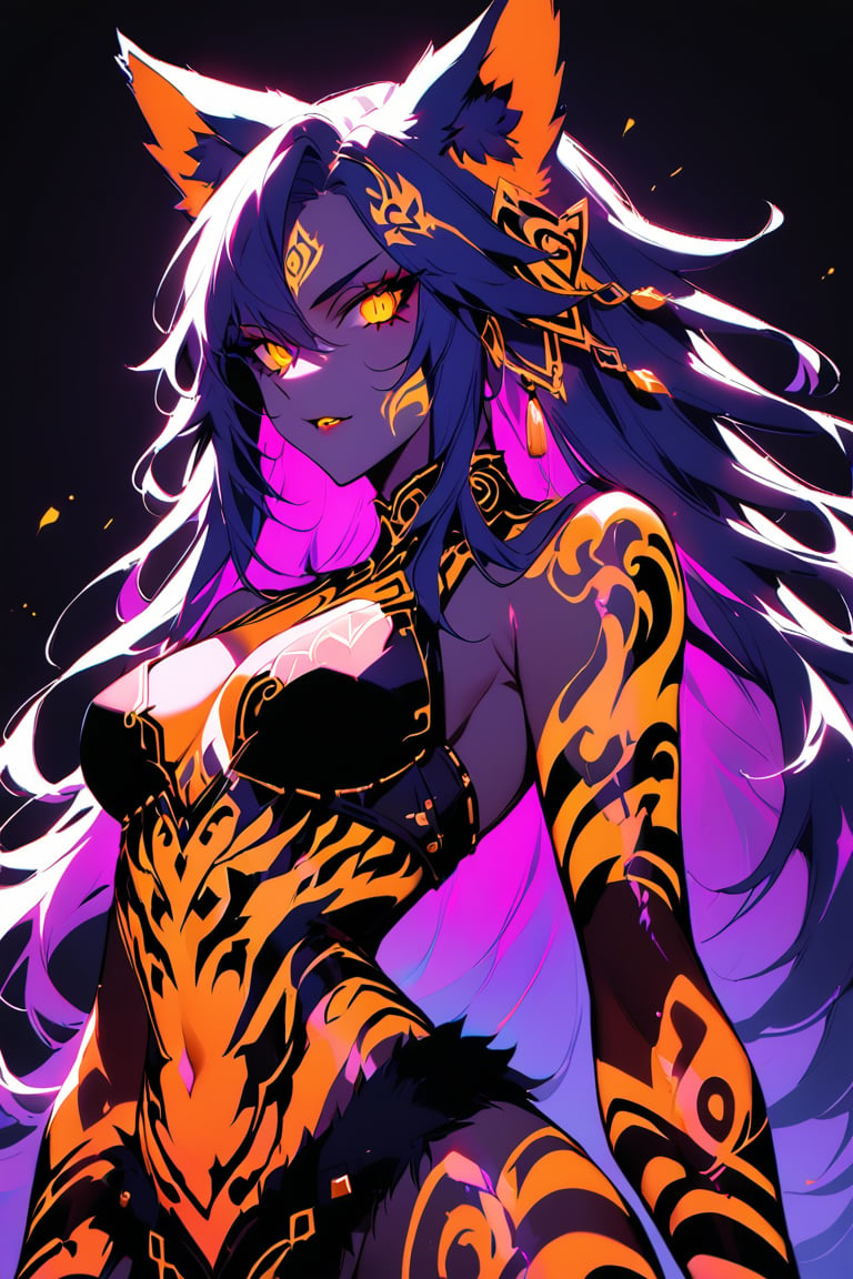 a medium shot of a seductres beast woman, with wolf ears and a ferocius gaze, with neon tattoes, black plain background