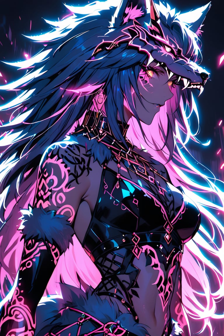 a medium shot of a seductres beast woman, with wolf ears and a ferocius gaze, with neon tattoes