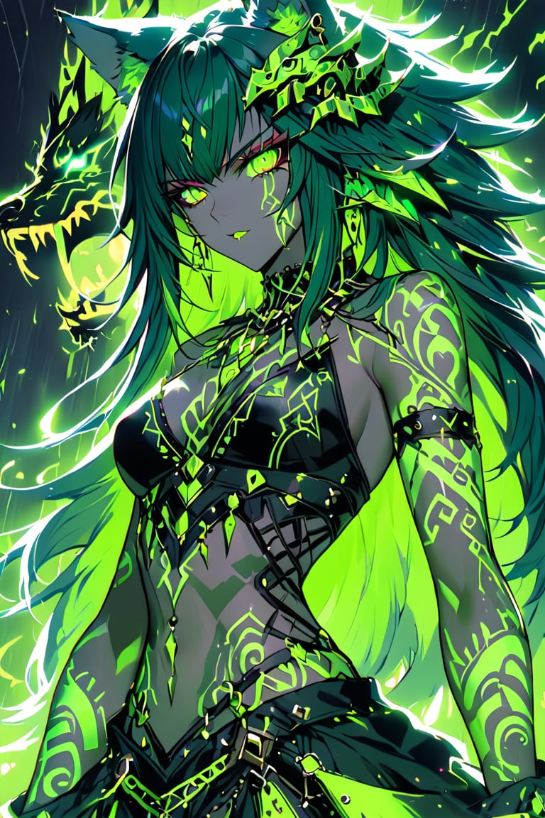 a medium shot of a seductres beast woman, with wolf ears and a ferocius gaze, with neon green tattoes