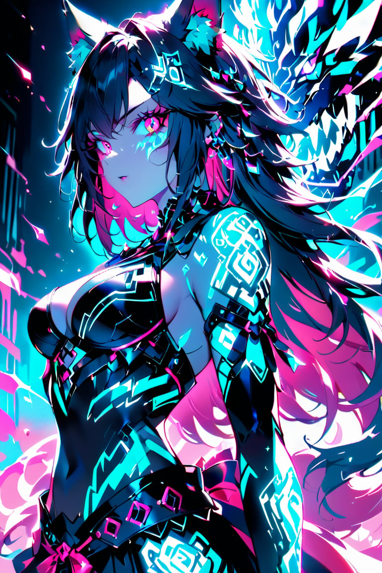 a medium shot of a seductres beast woman, with wolf ears and a ferocius gaze, with neon tattoes