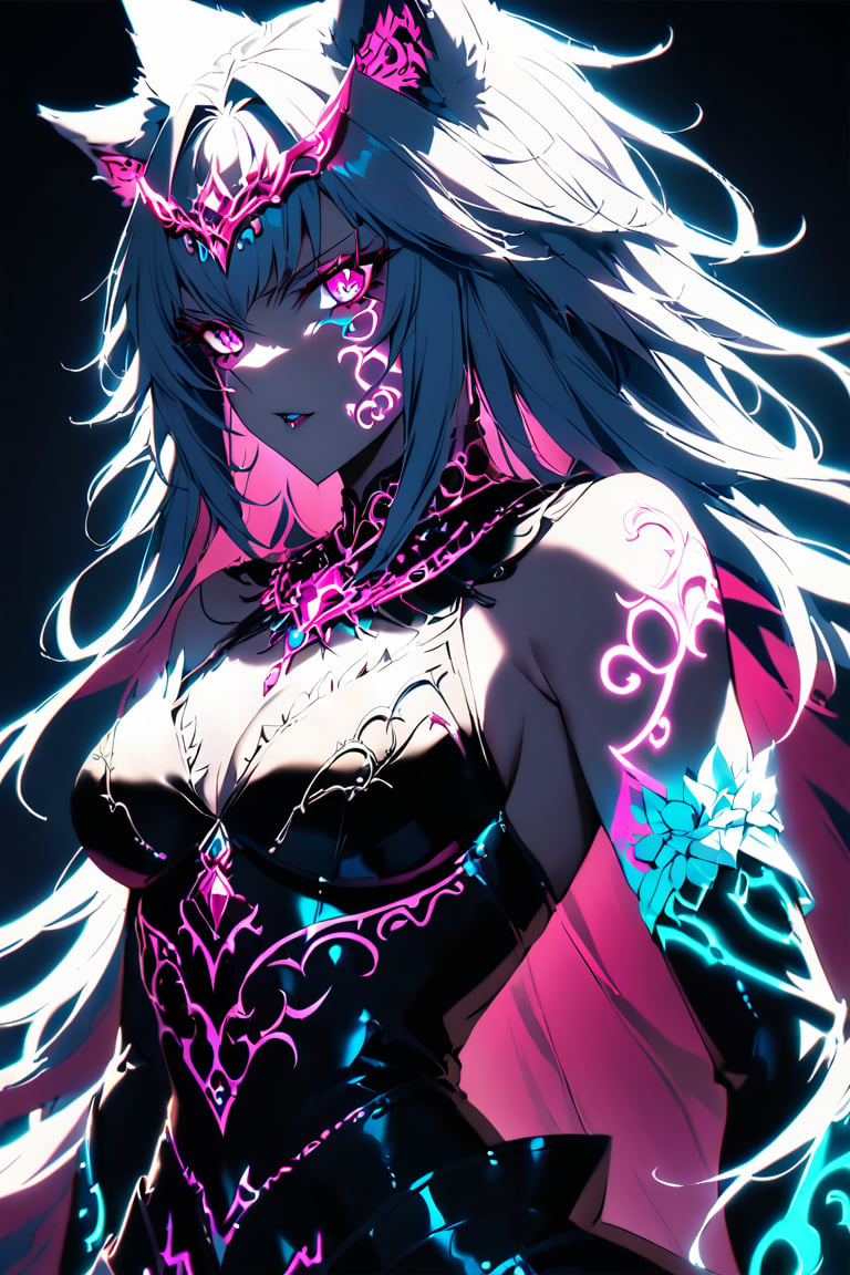 a medium shot of a seductres beast woman, with wolf ears and a ferocius gaze, with neon tattoes