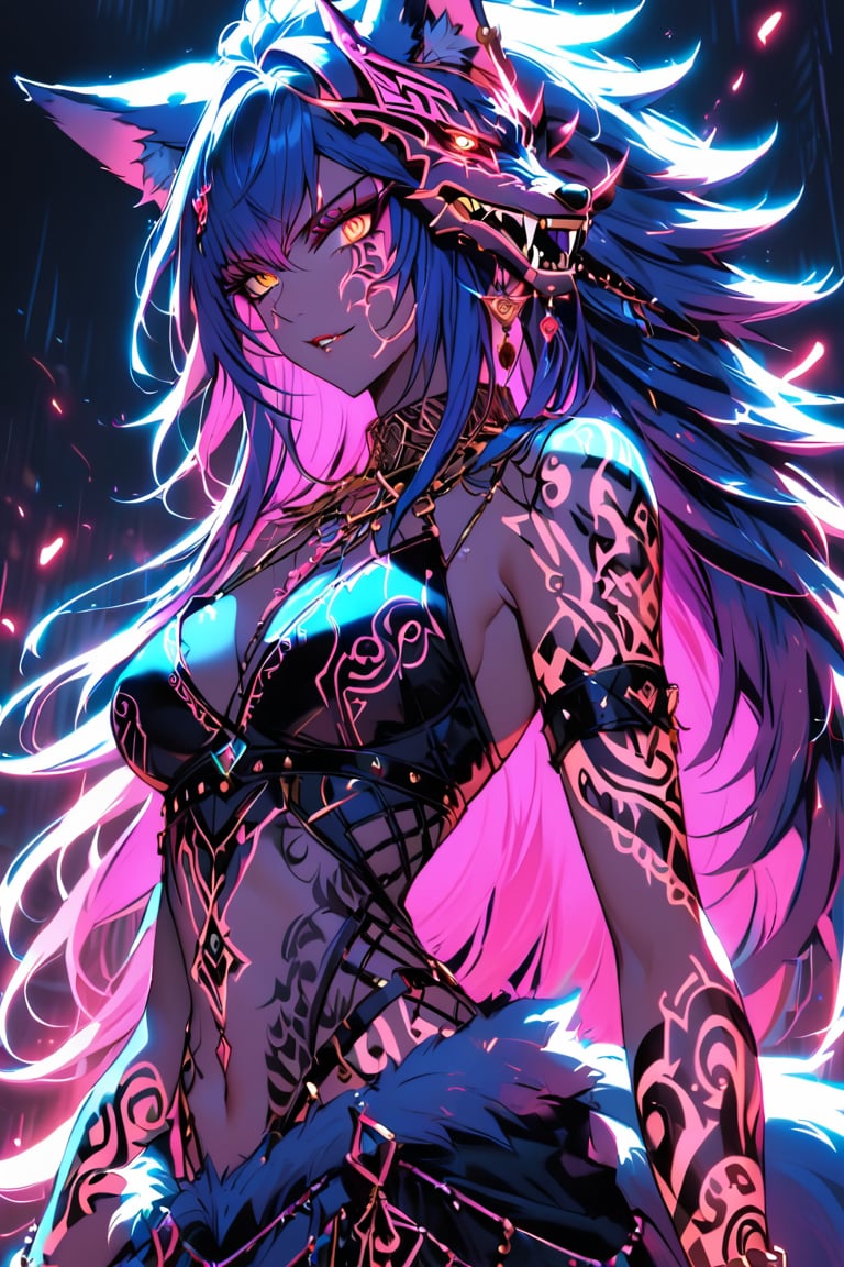 a medium shot of a seductres beast woman, with wolf ears and a ferocius gaze, with neon tattoes