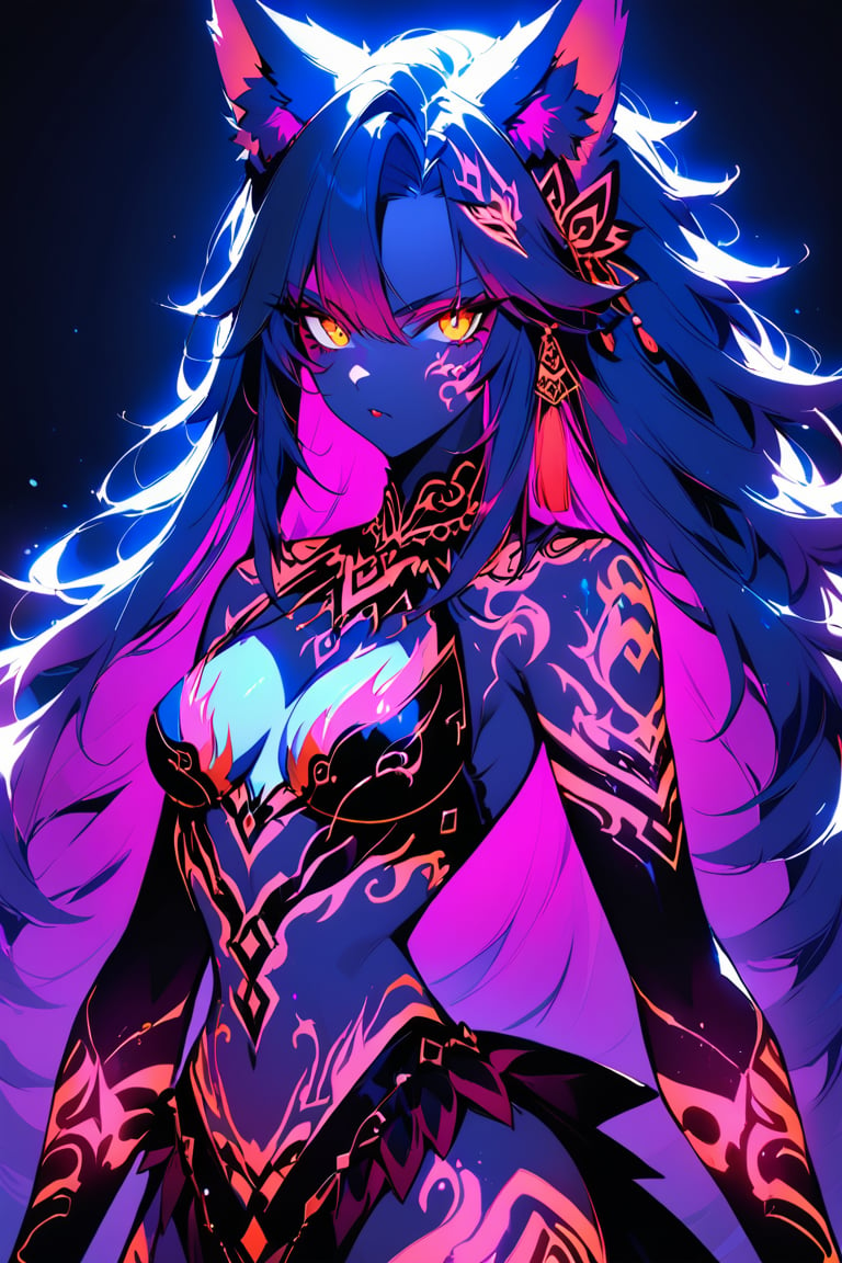 a medium shot of a seductres beast woman, with wolf ears and a ferocius gaze, with neon tattoes, black plain background