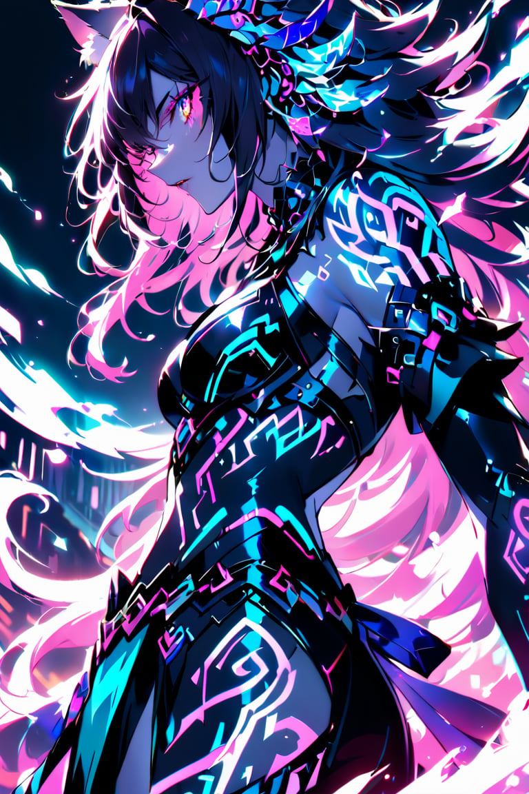 a medium shot of a seductres beast woman, with wolf ears and a ferocius gaze, with neon tattoes