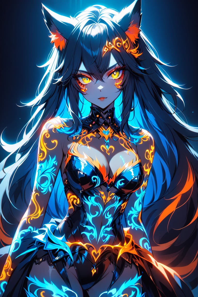 a medium shot of a seductres beast woman, with wolf ears and a ferocius gaze, with neon tattoes