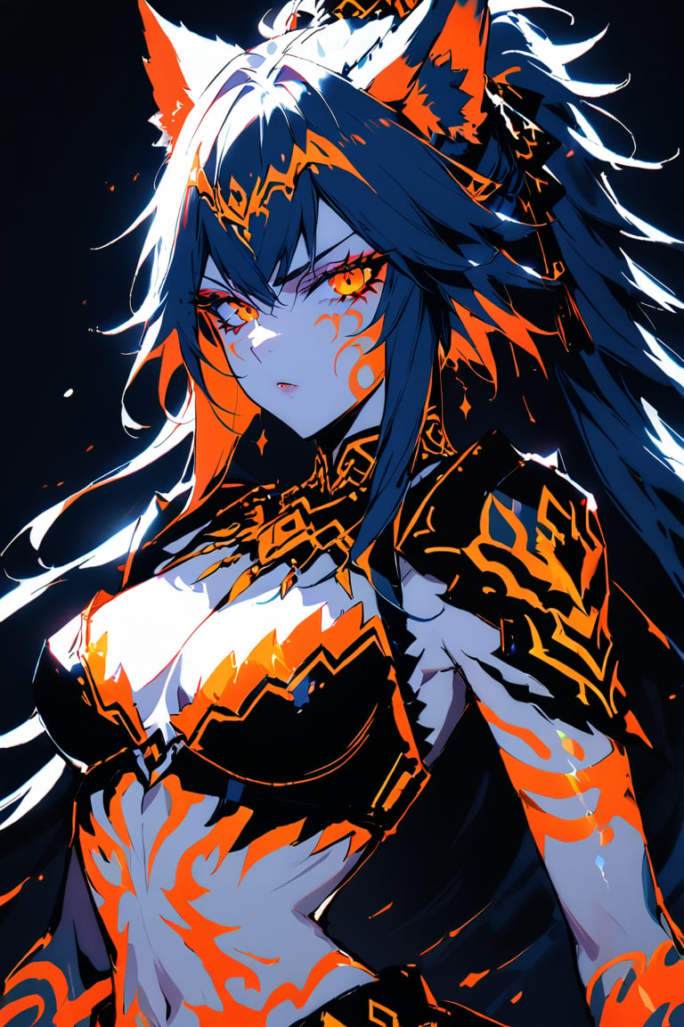 a medium shot of a seductres beast woman, with wolf ears and a ferocius gaze, with neon tattoes, black plain background