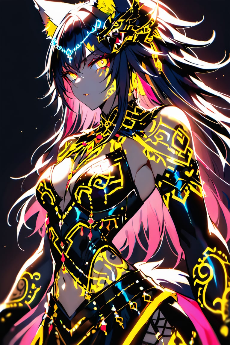 a medium shot of a seductres beast woman, with wolf ears and a ferocius gaze, with neon tattoes, black plain background