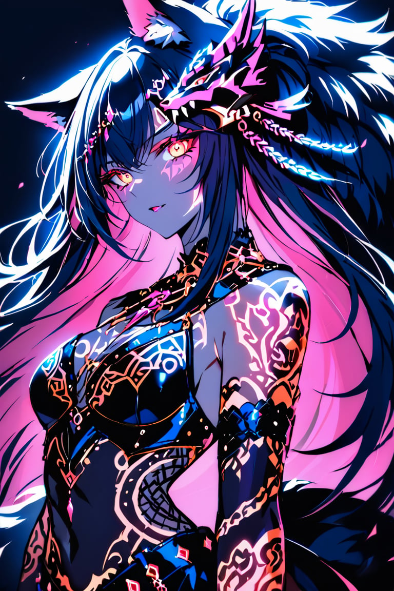 a medium shot of a seductres beast woman, with wolf ears and a ferocius gaze, with neon tattoes, black plain background