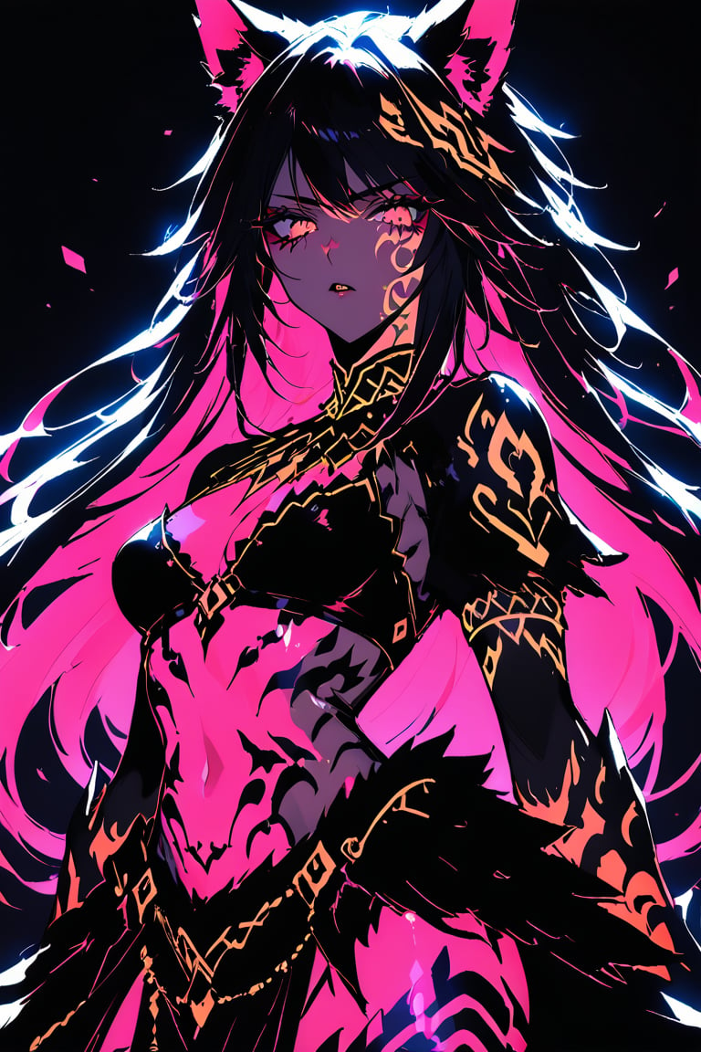 a medium shot of a seductres beast woman, with wolf ears and a ferocius gaze, with neon tattoes, black plain background