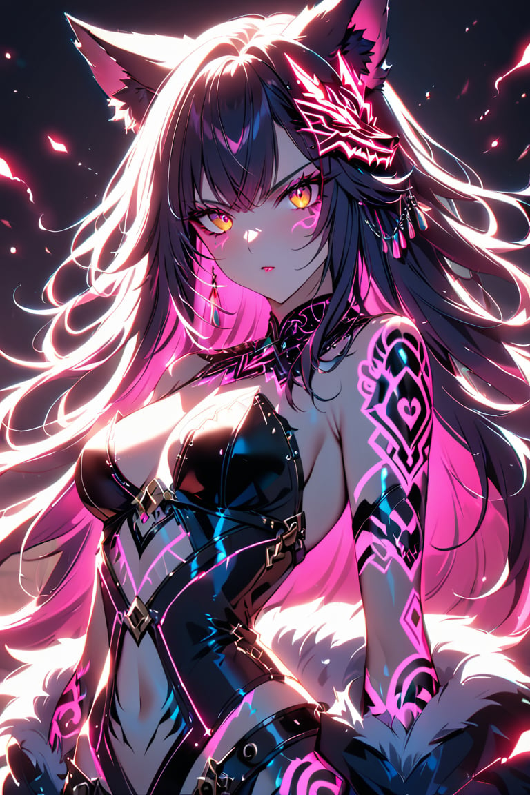 a medium shot of a seductres beast woman, with wolf ears and a ferocius gaze, with neon tattoes