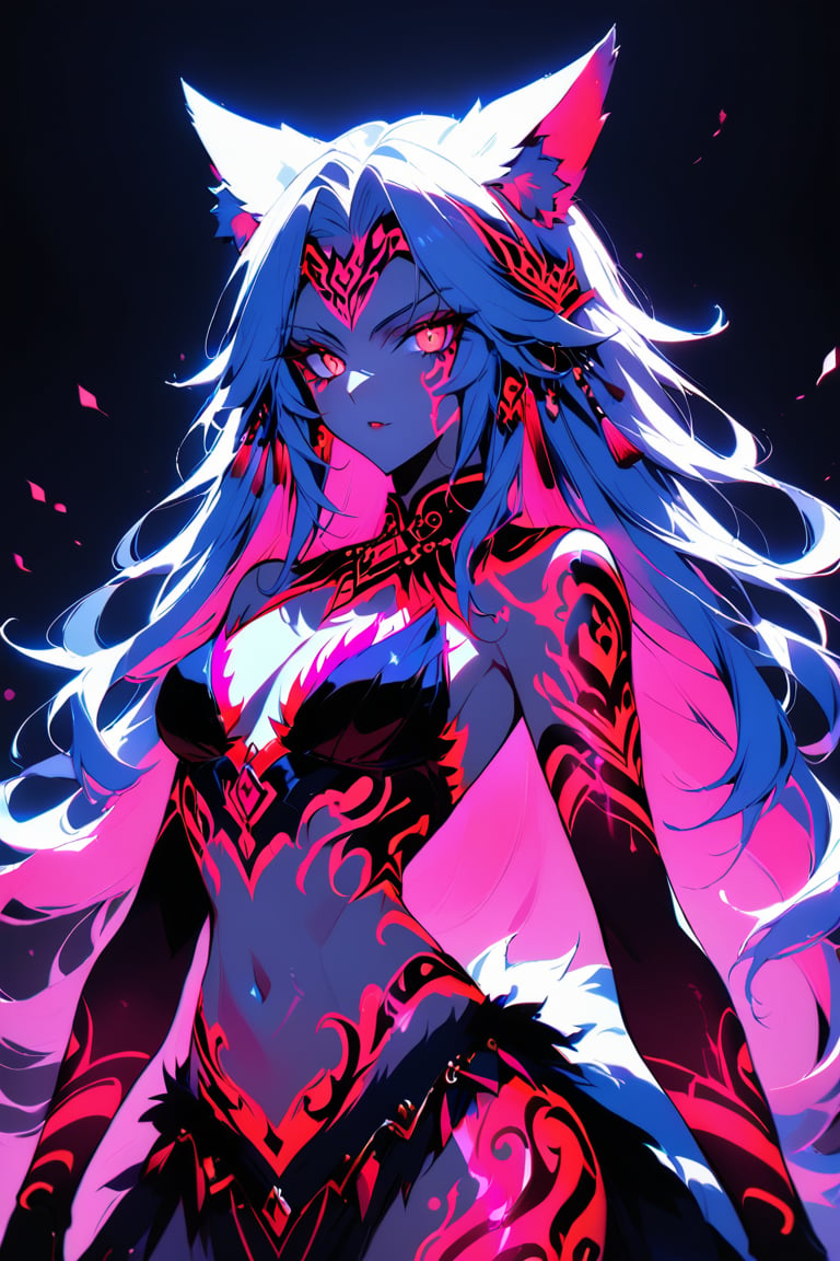 a medium shot of a seductres beast woman, with wolf ears and a ferocius gaze, with neon tattoes, black plain background