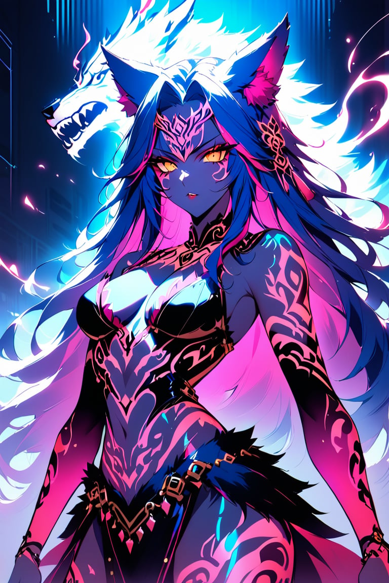 a medium shot of a seductres beast woman, with wolf ears and a ferocius gaze, with neon tattoes