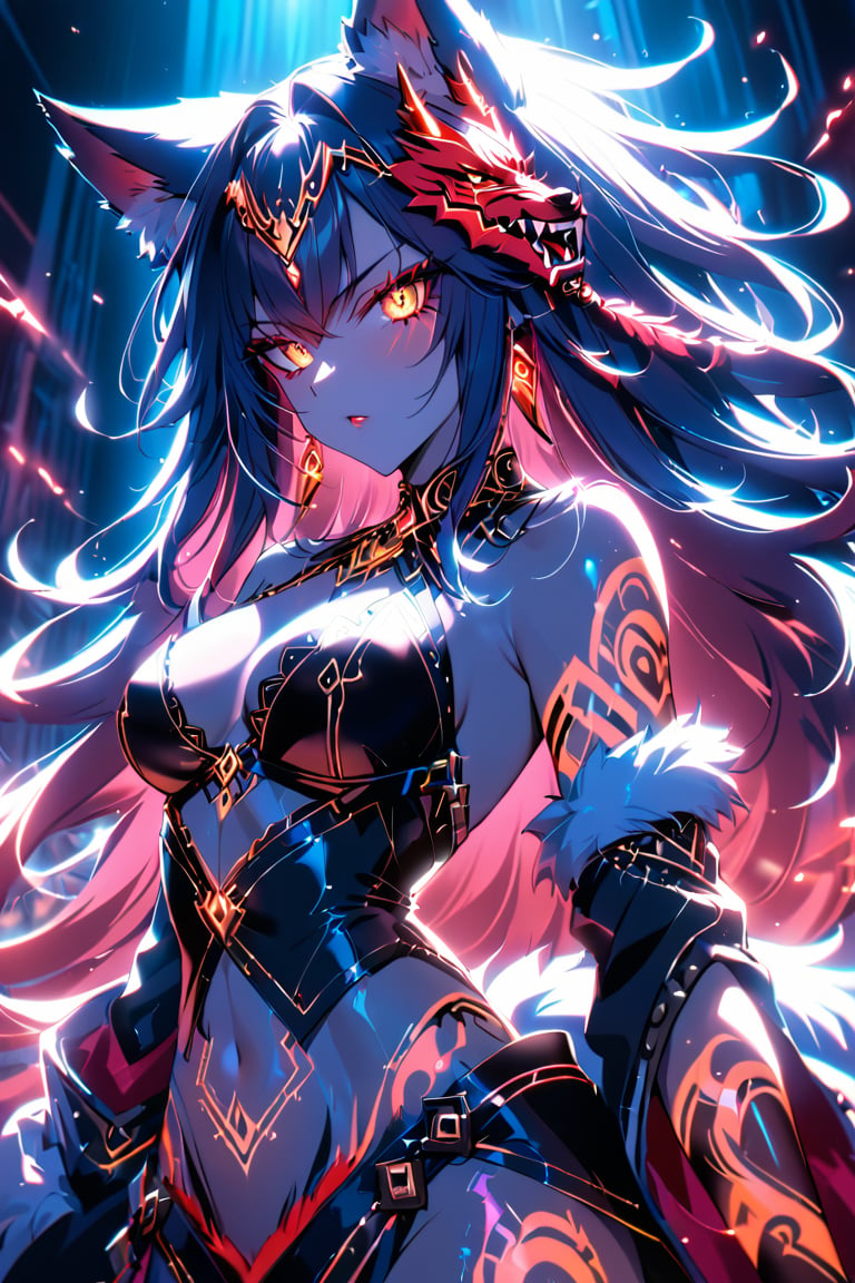 a medium shot of a seductres beast woman, with wolf ears and a ferocius gaze, with neon tattoes