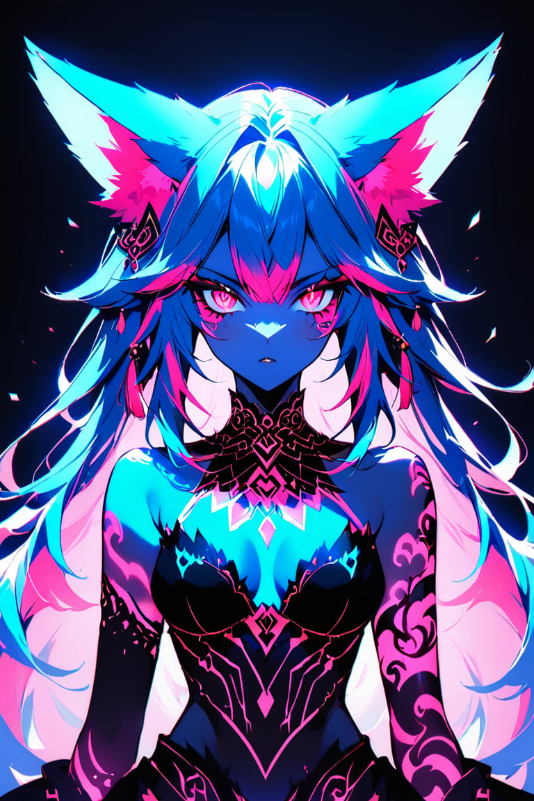 a medium shot of a seductres beast woman, with wolf ears and a ferocius gaze, with neon tattoes, black plain background