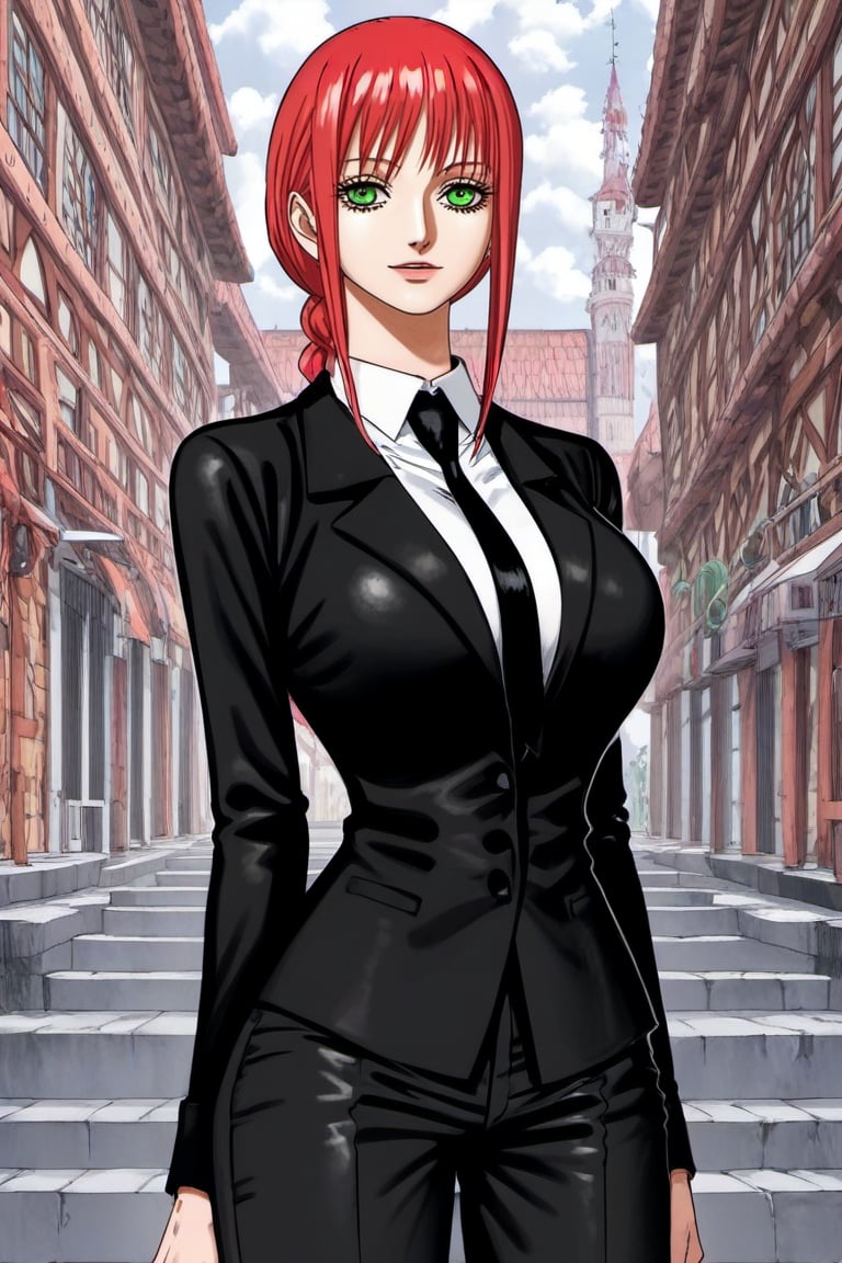 (high quality, high detail, highres, well drawn, good artist), Woman, ARTSTYLE_OnePiece_MangaColored_ownwaifu, makima_v1, huge breasts, sinister smile, white collar shirt, black tie, black pants