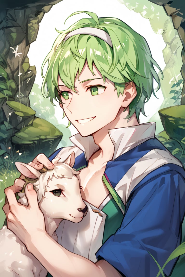 score_9,score_8_up,score_7_up,score_6_up,score_5_up,score_4_up,source_anime,Fate Grand Order,David,male,short hair,green hair,green eyes,headband,tall, smile, holding a lamb, nature