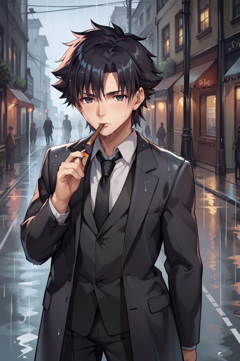 score_9,score_8_up,score_7_up,score_6_up,score_5_up,score_4_up,source_anime,Fate Grand Order/Zero,Kiritsugu Emiya,black hair,black eyes,tall,black suit,tie,coat, cigar in mouth, holding roses, stoic, rain, dark city street, sad face