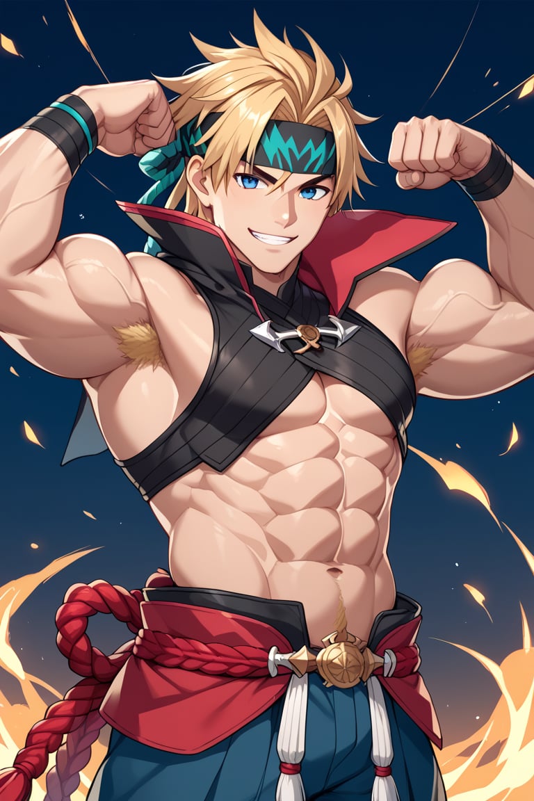 score_9,score_8_up,score_7_up,score_6_up,score_5_up,score_4_up,source_anime,Fate Grand Order,Kintoki,Berserker,blonde,blue eyes,tall,muscular,abs,male,masculine,alternate costume,bara...smug, smile, flexing biceps, headband, tall, cute, sexy