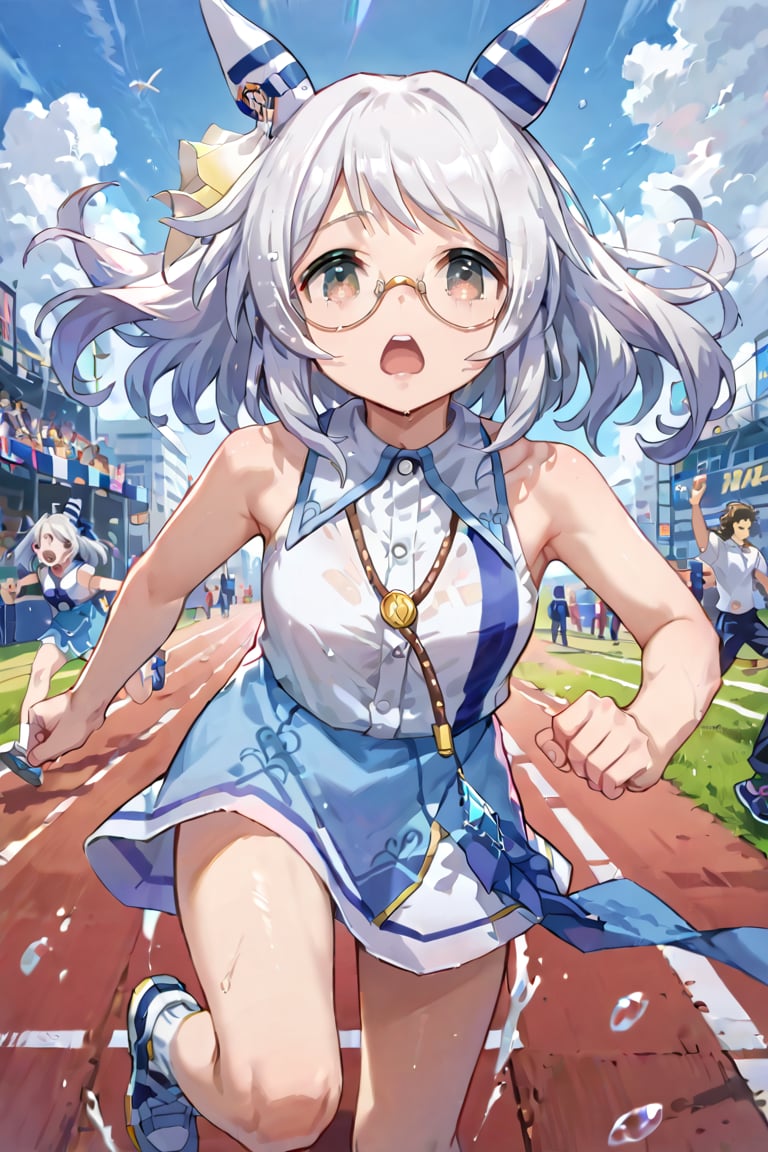 score_9,score_8_up,score_7_up,source_anime,HISHI MIRACLE \(UMAMUSUME\),white hair,detailed eyes,detailed face,high resolution,running,top quality face,top quality skin,(top quality eyes:1.5),round_eyewear, 