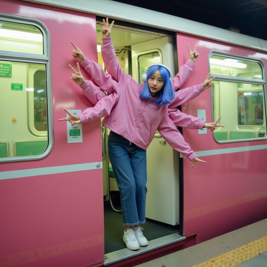 1girl, have eight-arm, poses hanging on subway door. One hand holds the edge of the door, the other gives a thumbs up and the other makes a v sign, her body is outside the train. She is wearing a long-sleeved pink jacket, white headphones, and blue jeans. Her long blue bob  hair is flowing to the floor. The subway is painted in shades of pink, with a white line in the middle of the train. The train is parked on a concrete platform, and the train is illuminated with green lights. taken from below, perspective viewpoint, composition follows the rule of thirds. retro style subway.,anselma