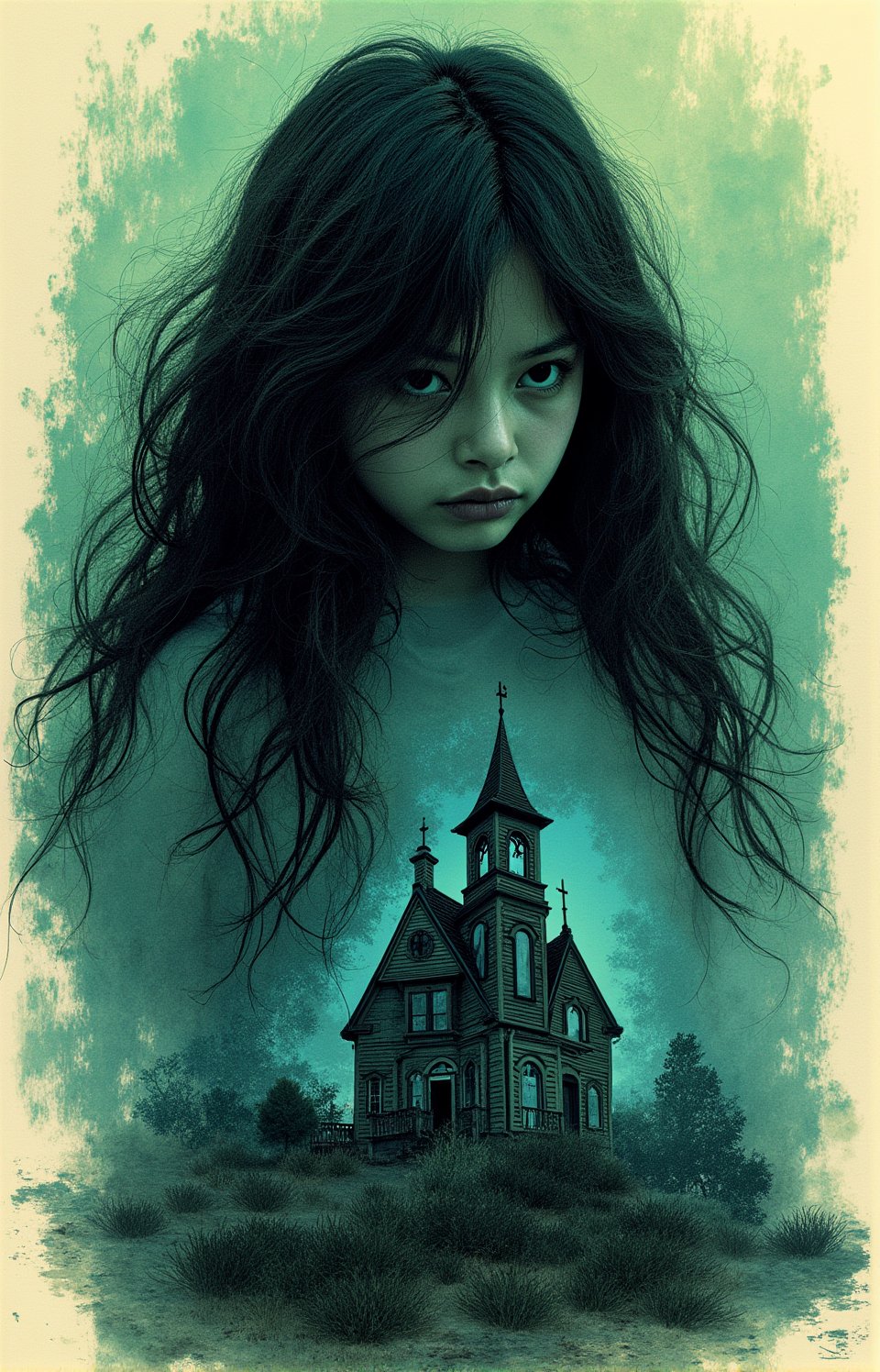 girl, very long curly dark hair. Epic fantasy. green, cream and blue paint color of haunted house as background,npl, detailed point / ink blot art illustration