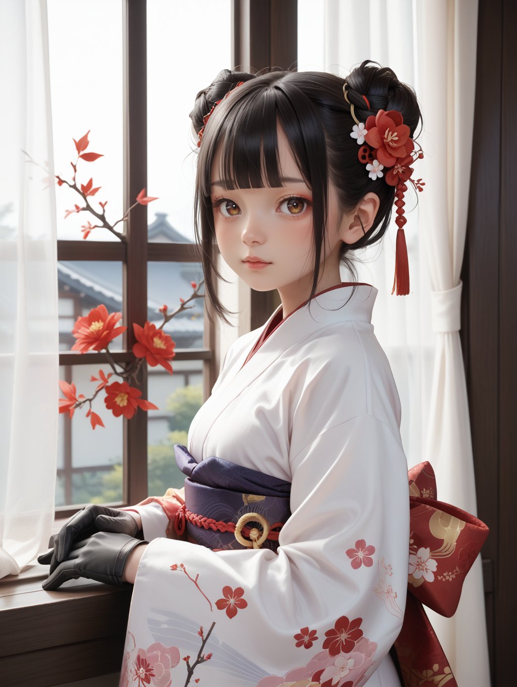 score_9, score_8_up, score_7_up,
1girl,  long hair, virtual youtuber, kimono, japanese clothes, double bun, hair bun, hair flower, black gloves, blunt bangs, hair ornament, looking at viewer, black hair, window, sidelocks, braided bun, red flower, standing, curtains, branch