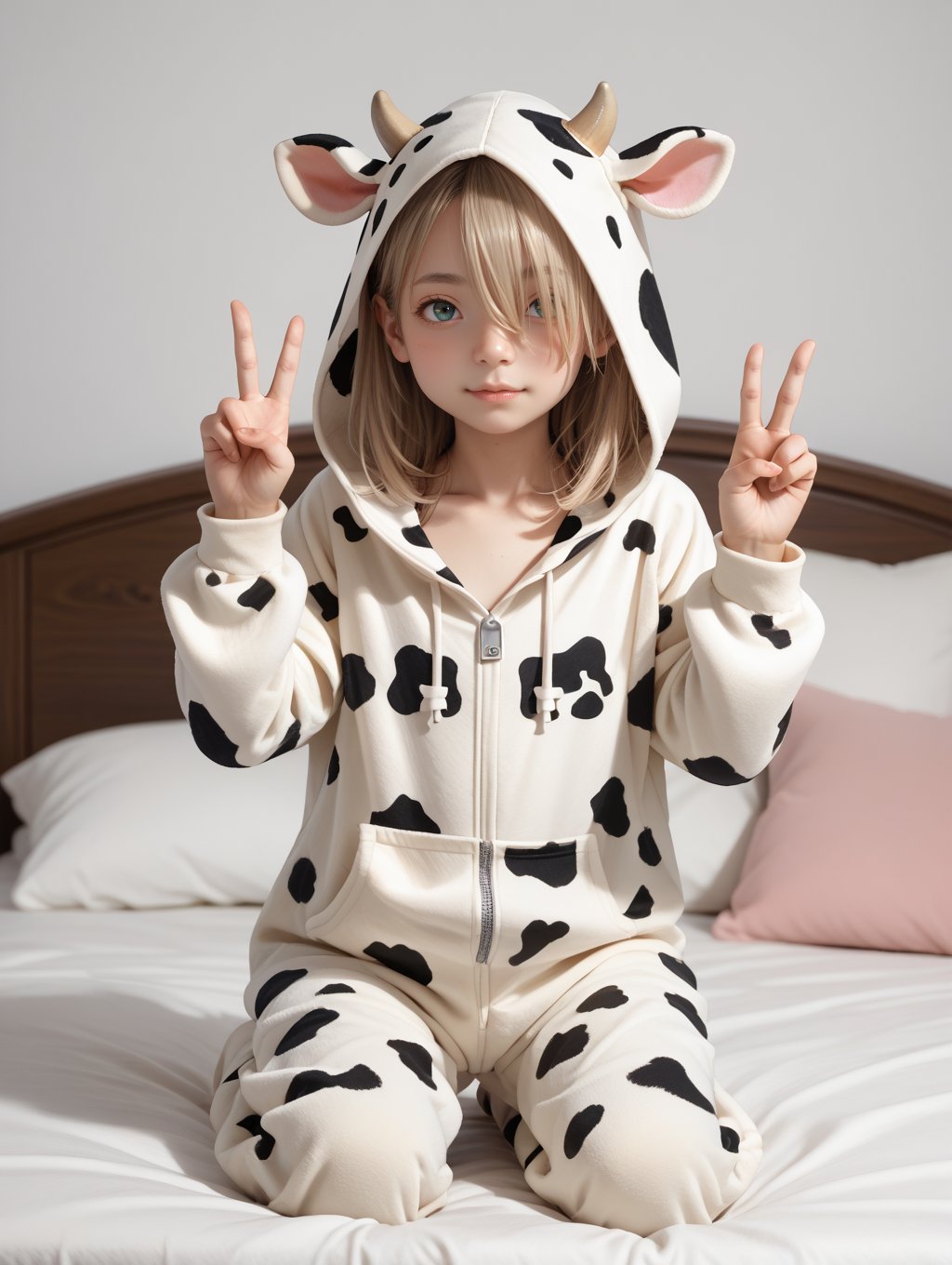 score_9, score_8_up, score_7_up,
 1girl,solo,loli,
 hair over one eye, cow onesie, animal print, hood down, kneeling on bed, hand gesture, double v 